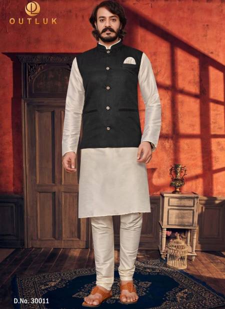 Off White Colour Exclusive Art Silk Festive Wear Kurta Pajama With Jacket Mens Collection 30011